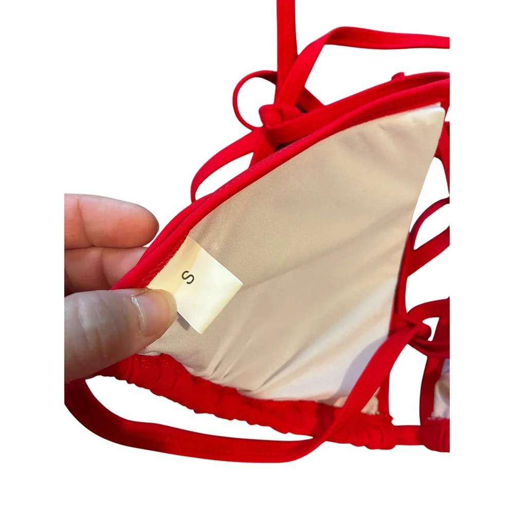 Bikini Set Women Small Red New Triangle Side‎ Tie Ruched Swimwear